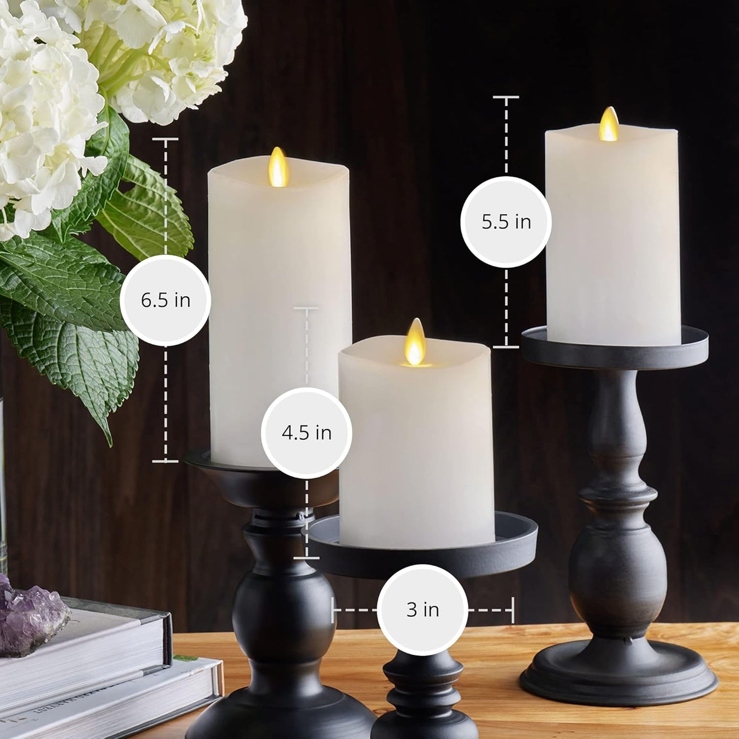 Luminara Realistic Flameless LED Set of 3 Ivory Pillar Candles, Home Safe Moving Flame Melted Top Illumination, Battery Operated Remote Control w/Timer