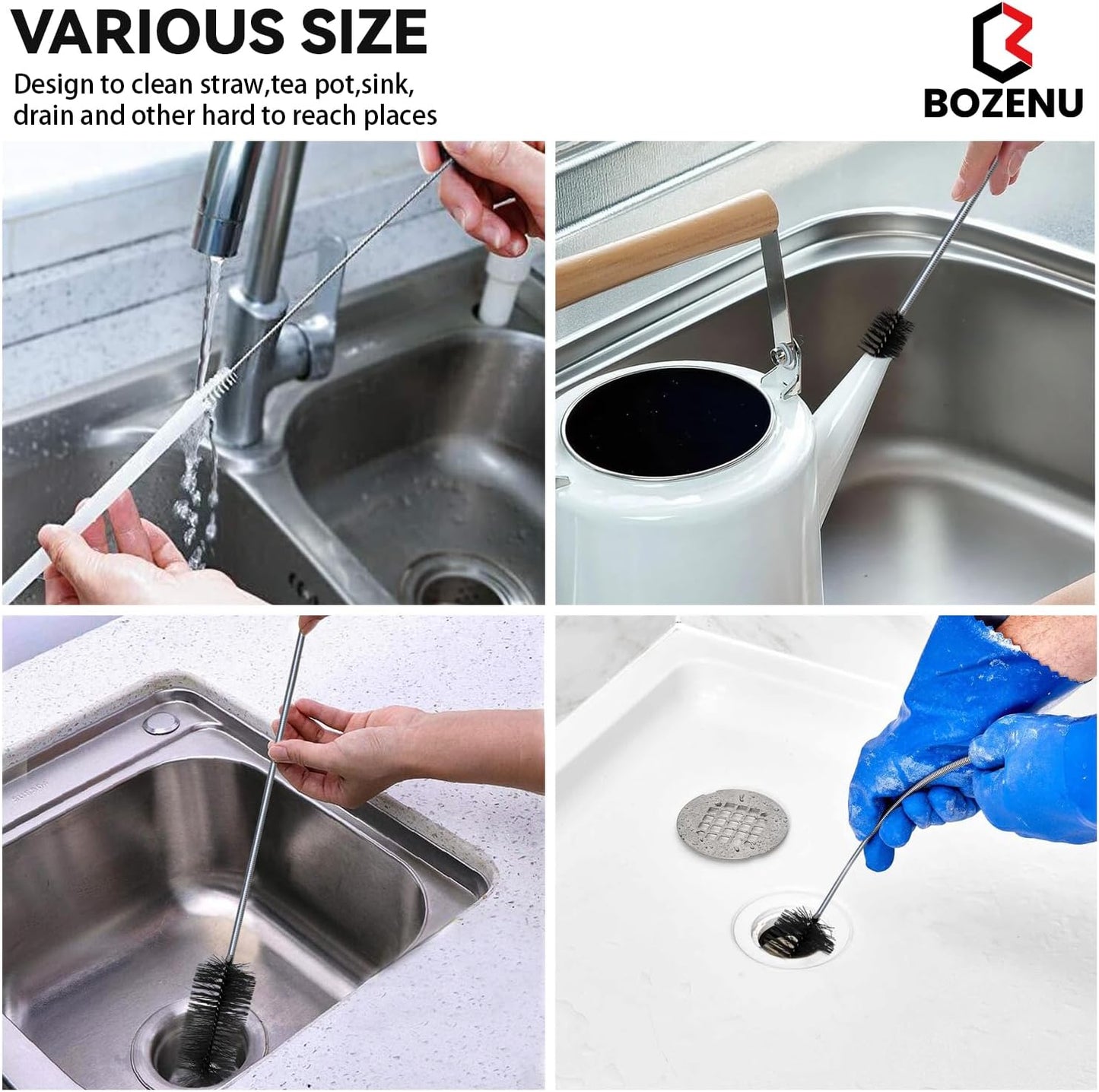 Flexible Drain Brush, 66 Inch Long Double Ended Hose Pipe and 58 Inch Tube Cleaning Brush and 2 Pack 8 Inch Straw Cleaner Brush