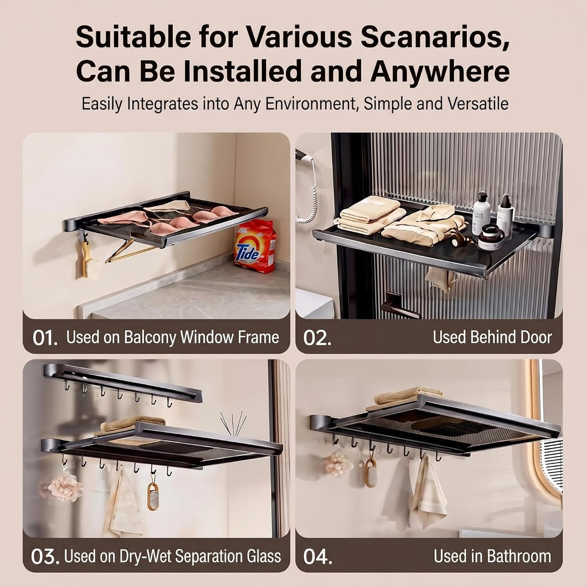 Wall Mount Drying Rack Bathroom Shelf, Retractable Space Saving Organizer with 6 Hooks for Towel Storage, Foldable Laundry Hanging Rack for Kitchen Balcony Bathroom