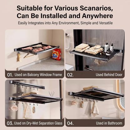 Wall Mount Drying Rack Bathroom Shelf, Retractable Space Saving Organizer with 6 Hooks for Towel Storage, Foldable Laundry Hanging Rack for Kitchen Balcony Bathroom