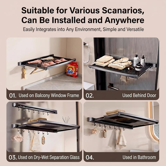 Wall Mount Drying Rack Bathroom Shelf, Retractable Space Saving Organizer with 6 Hooks for Towel Storage, Foldable Laundry Hanging Rack for Kitchen Balcony Bathroom