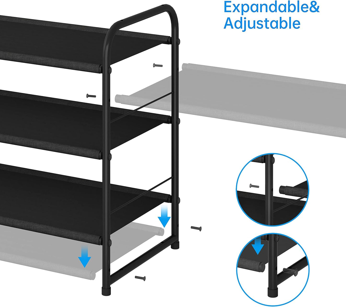 Simple Trending 3-Tier Stackable Shoe Rack, Expandable & Adjustable Shoe Shelf Storage Organizer, Wire Grid, Black