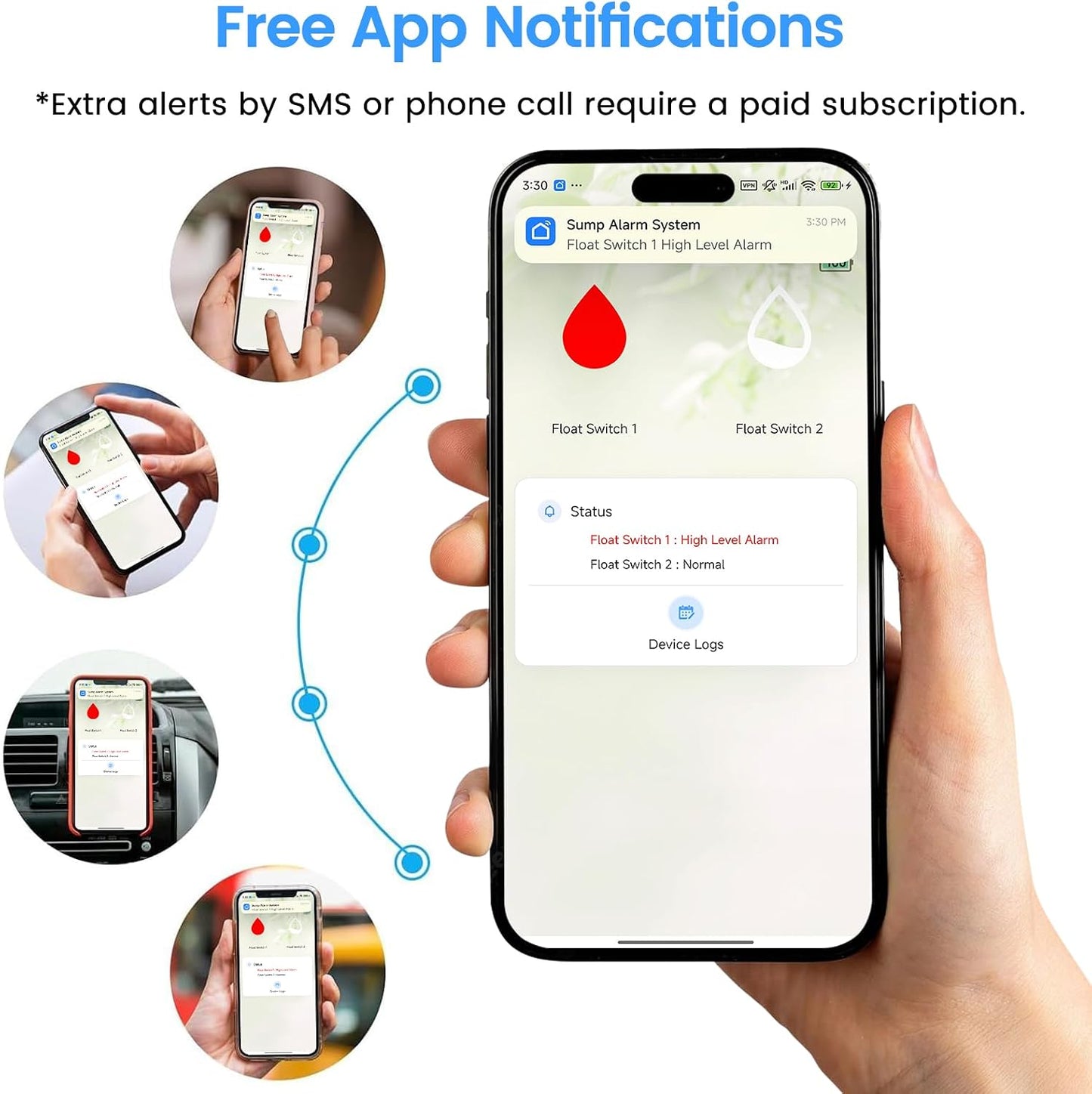 Sump Pump Alarm WiFi, Smart High/Low Water Level Alarm with Alarm-activated Outlet, Free App Alerts,Built-in Backup Battery,110dB Siren,10ft Float Switch for Septic Tank, Sump Pump, Ponds & Water Tank