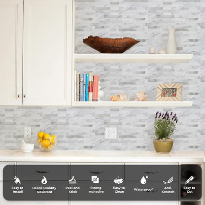 STICKGOO Peel and Stick Backsplash Tile, Stick on Backsplash for Kitchen and Bathroom, Volakas White Look PVC Mixed Metal Silver Self Adhesive Wall Tiles(Sample)