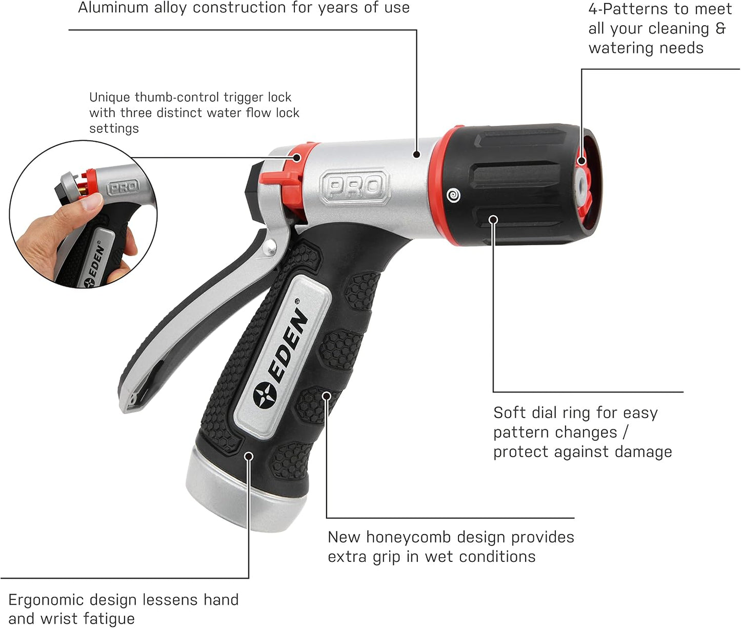 Eden PRO 94834 Metal Front Trigger 4-Pattern Turbo Nozzle | Heavy-Duty Hose Sprayer for Garden, Lawn, Plants, Outdoor Cleaning, Durable Aluminum Core, Quick Connect Set Included