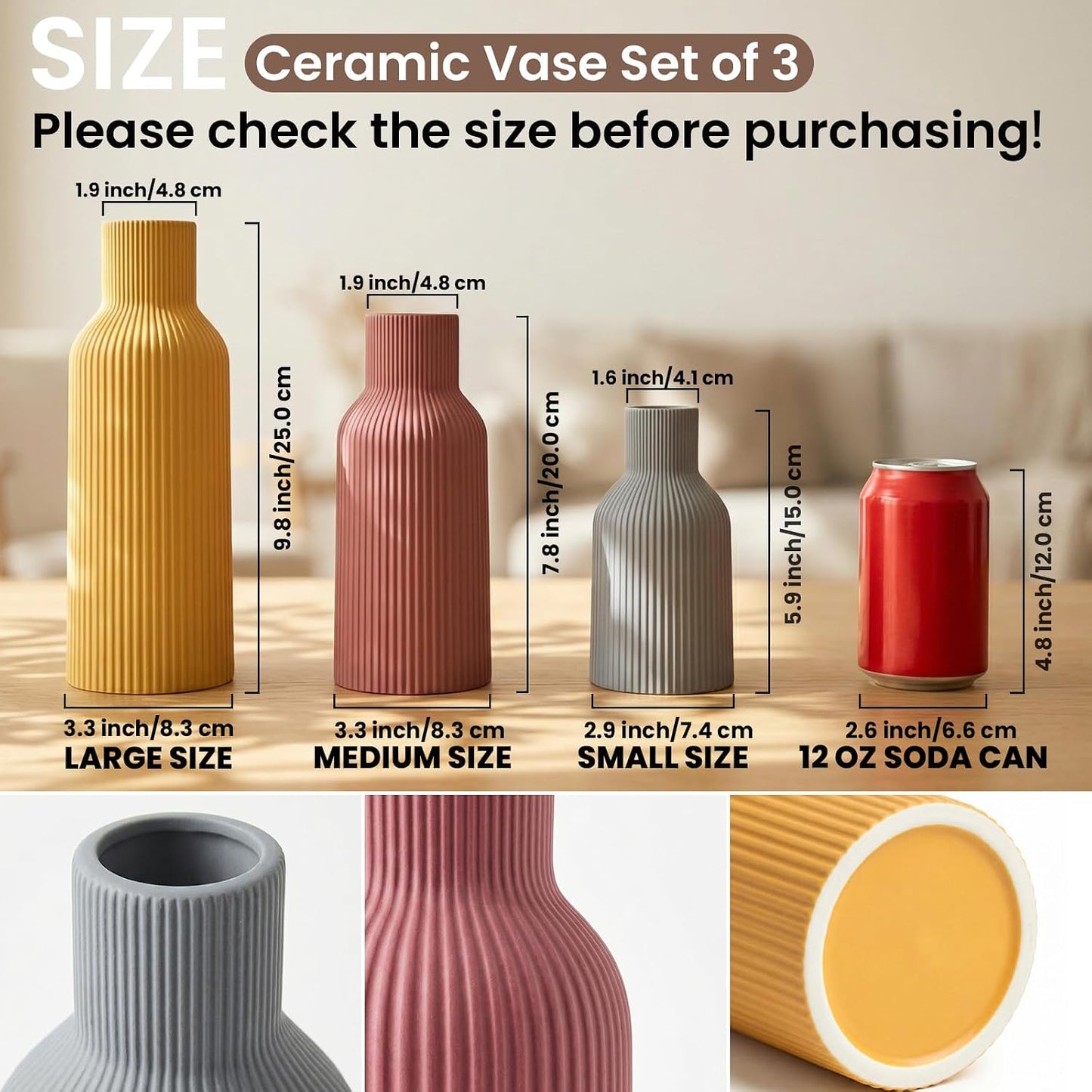 White Ceramic Flower Vases Set of 3, Modern Matte Vertical Ribbed, Nordic Minimalist Decor for Pampas, Dried & Fresh Flowers, Centerpiece for Living Room, Shelf, Entryway, Wedding,Office
