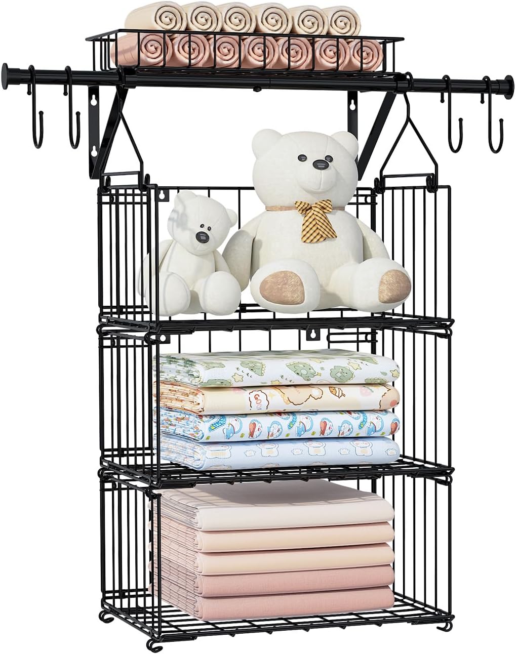 BUKFEN 3 Tier Hanging Closet Organizer, Wall Mounted Wire Storage Shelf with 4 Hooks, Foldable Stackable Organizer for Laundry Room, Bedroom, Bathroom, 1 Pack