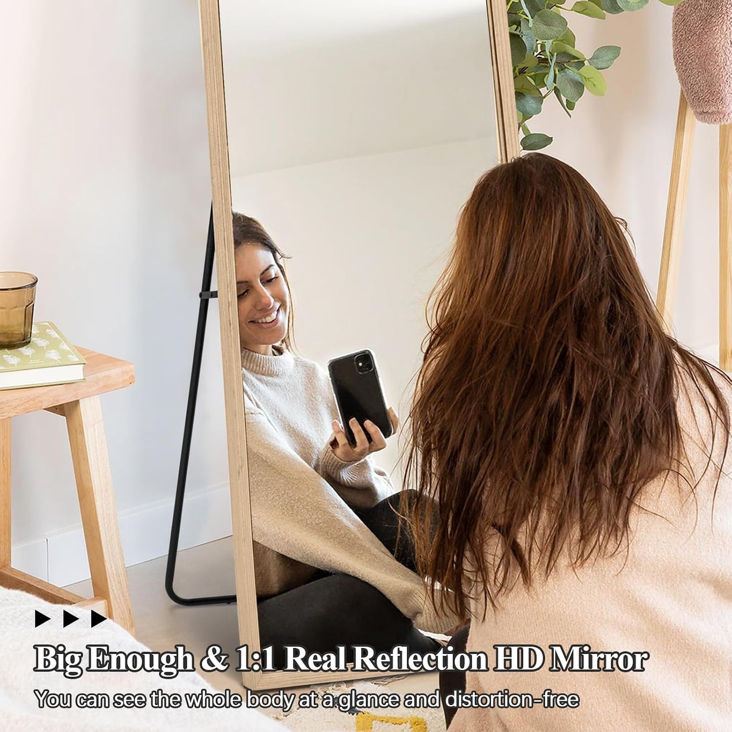 BOLEN Wood Full Length Mirror with Stand, 65"x22" Full Body Mirror for Wall and Floor, Large for Bedroom, Living Room or Cloakroom, Solid Wood