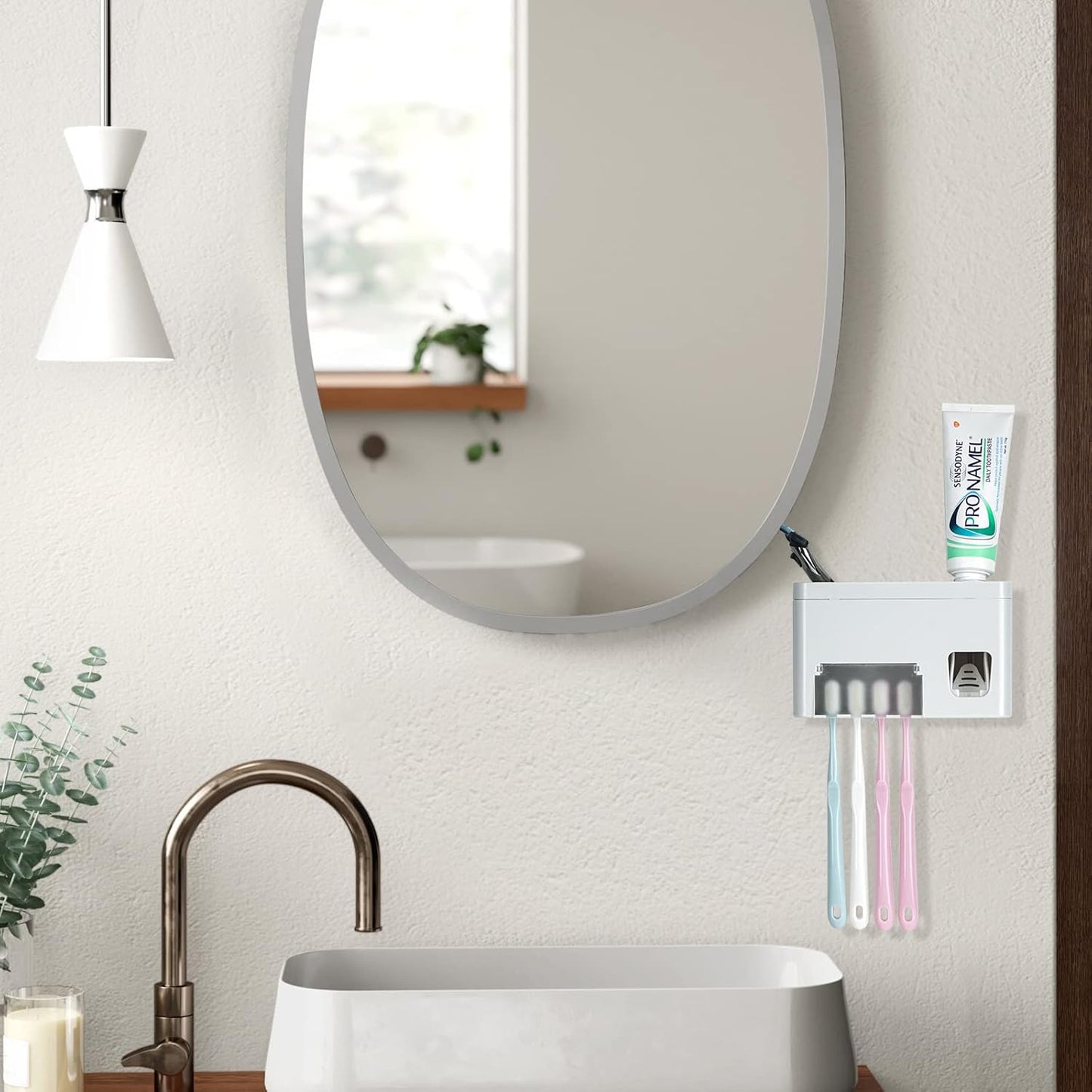 LUEXBOX Self Adhesive Toothbrush Holders Wall Mounted, Multifunction Toothpaste Stand with Covers, Automatic Toothpaste Dispenser for Bathroom, Toothbrush Hanger Rack for Dorm, Cabinet