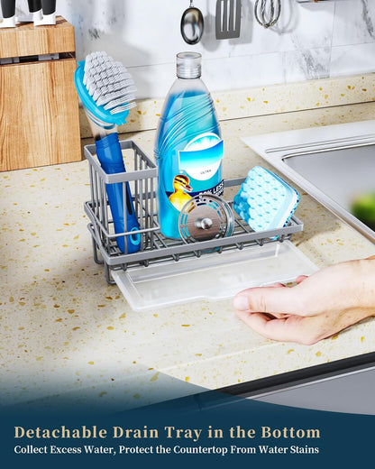 Consumest Sponge Holder for Kitchen Sink - Kitchen Sink Caddy Organizer with Removable Drip Tray for Countertop Dish Soap Dispenser Brush Storage Accessories 304 Stainless Steel - Black