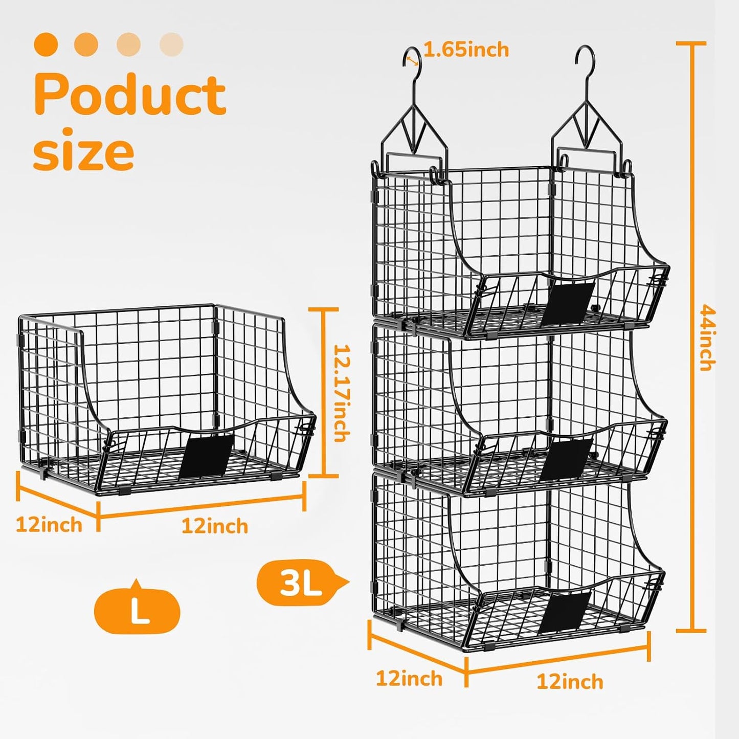 Hanging Closet Organizers and Storage, 3 Tier Closet Shelf Clothes Organizer with 2 S-Hooks, Multi-Functional Iron Wire Baskets, for Clothing, Sweaters, Handbags, Hat, Canned