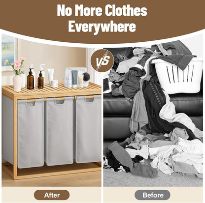Bamboo Laundry Hamper 3 Section with Lid, 150 L Laundry Sorter with Pull-Out Removable Washable Bags, 3 × 12.5 Gal Divided Laundry Baskets for Laundry Room, Bathroom (Gray)