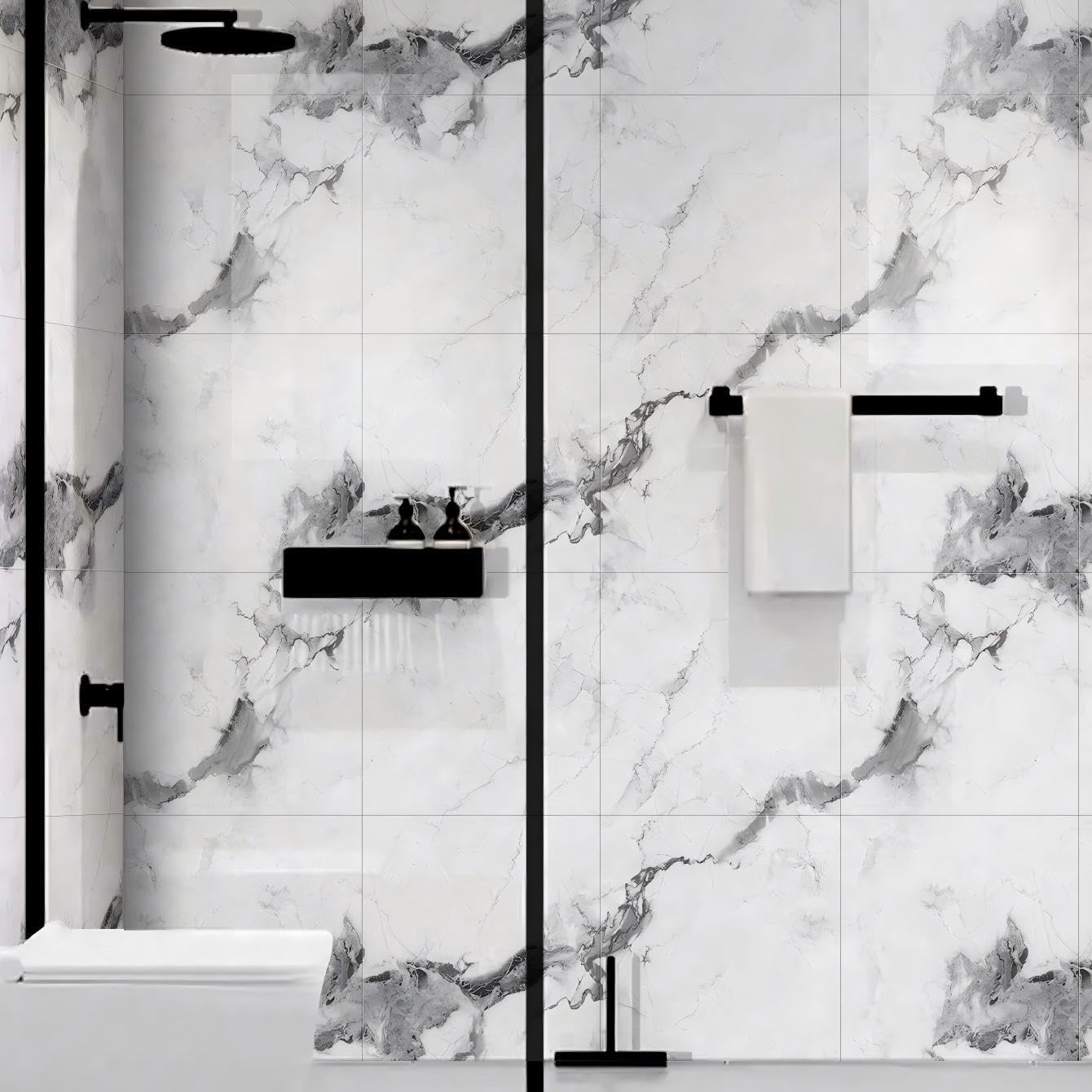 Chejiaye 10pcs Marble Peel and Stick Backsplash Waterproof Washroom Wall Panels, Peel and Stick Tile, PVC Foam Wall Panels for Kitchen,Bathroom,Living Room,Blue and Gold(Not Real Tile,11.8" x 11.8")