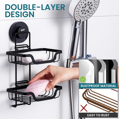 TAILI Soap Holder for Shower – Suction Cup Bar Soap Dish with Hooks, Rustproof Stainless Steel, Self-Draining Sponge Holder with Razor Holder for Bathroom & Kitchen, Black