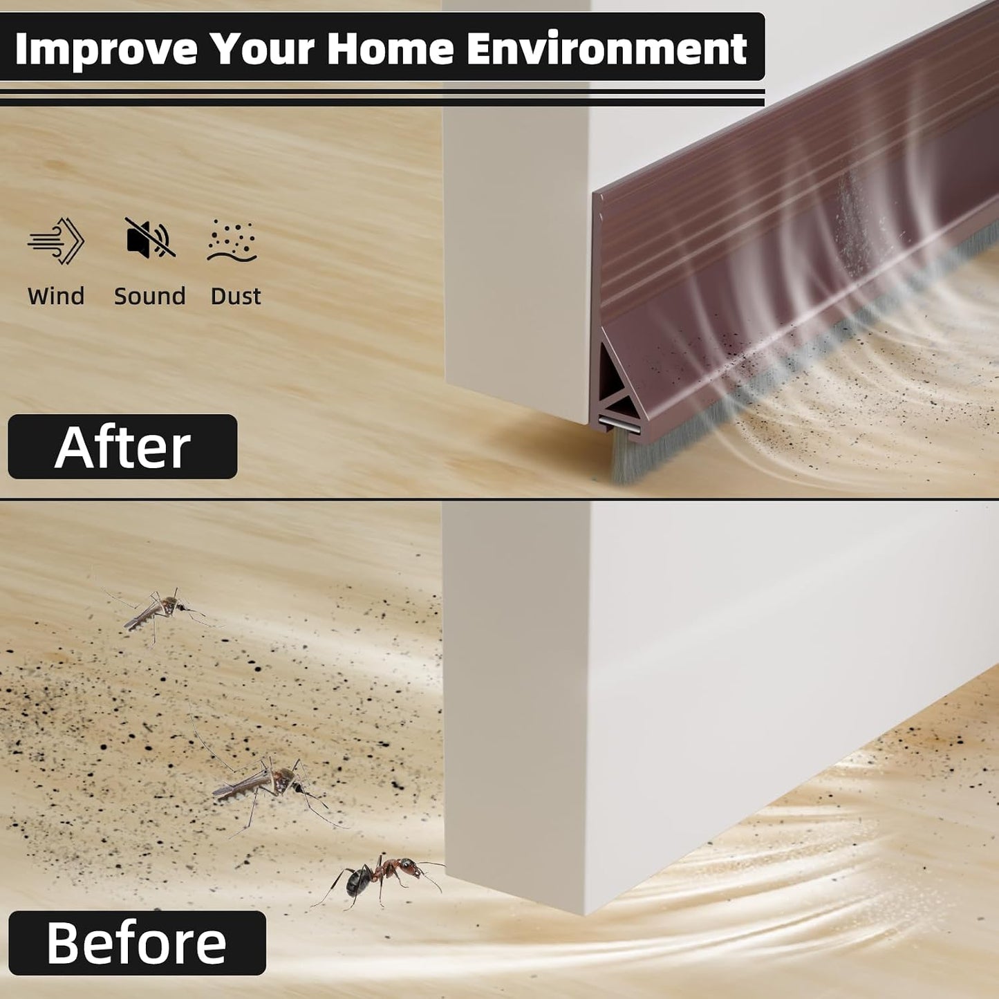 39” Under Door Draft Stopper with Brush,Bottom of Door Sweeps for Exterior & Interior,Gap Filler Sound Blocker Seal Strip,Draft Guard Dust Stopper(Black)