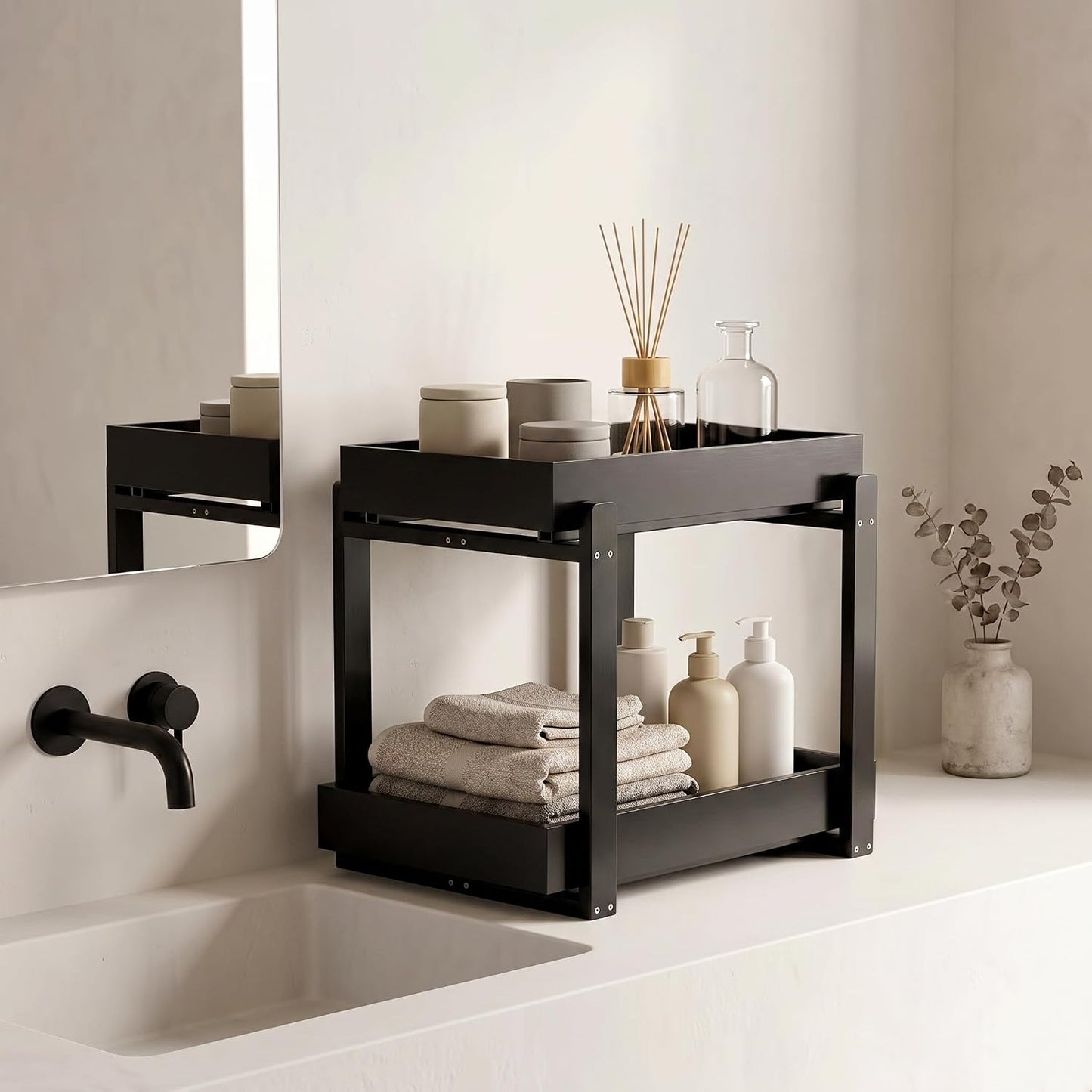 Bamboo Under Sink Organizer Adjustable Height 2 Tier Bathroom Organizer Pull Out Cabinet Storage Kitchen Heave Duty Wood Slide Ou Shelf for Kitchen Bathroom (Black, 2 Packs) (Black, 2 Pack)