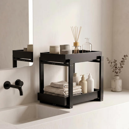 Bamboo Under Sink Organizer Adjustable Height 2 Tier Bathroom Organizer Pull Out Cabinet Storage Kitchen Heave Duty Wood Slide Ou Shelf for Kitchen Bathroom (Black, 2 Packs) (Black, 2 Pack)
