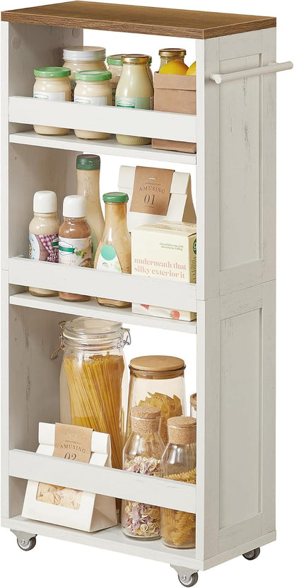 VASAGLE 4-Tier Slide-Out Storage Cart, Slim Kitchen Cart for Small Spaces, with Wheels, Handle, Bathroom, Laundry Room, 5.9 x 17 x 34.1 Inches, Rustic White and Honey Brown ULRC050K01