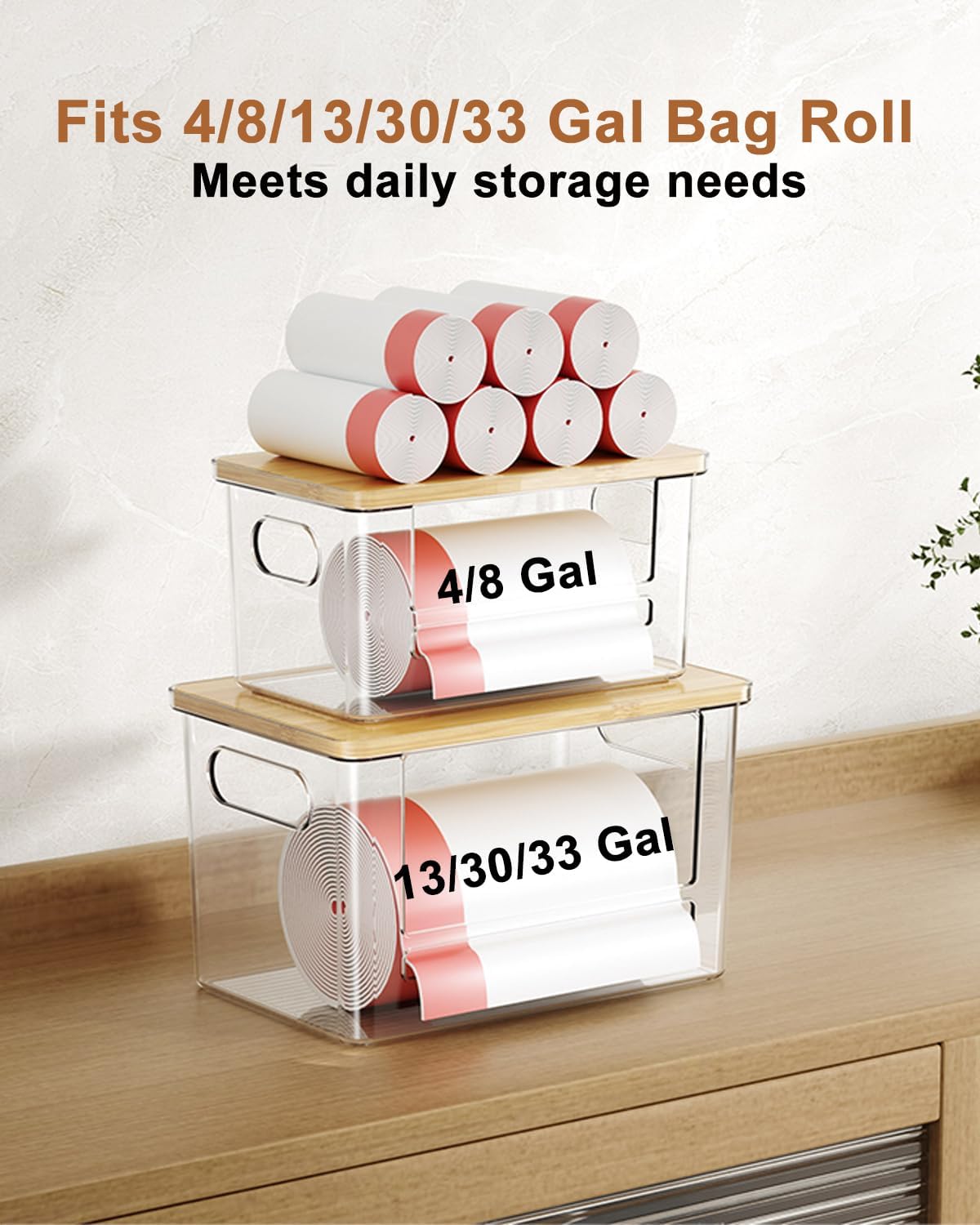 Trash Bag Dispenser 2 Pack - Under Sink Organizer, Plastic Bag Holder, Stackable Acrylic Garbage Bag Storage with Bamboo Lid for Kitchen Cabinet, 13/30/33 Gallon Grocery Bag Dispenser