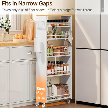 YATINEY 6 Tier Slim Storage Cart, Rolling Utility Cart with 360° Lockable Casters, Handle and 6 Hooks, Space Saving Organizer for Kitchen, Bathroom, Laundry Room, White BC11WN