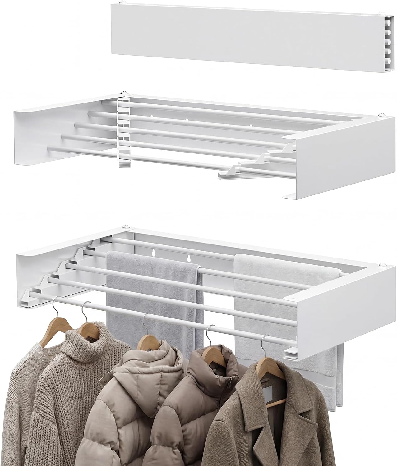 Wall Mounted Drying Rack, 23.6" Retractable Clothes Drying Rack, Heavy Duty 60LB Capacity with 4 Stainless Steel Rods, Foldable Laundry Rack for Indoor Laundry Room, Balcony & Bathroom