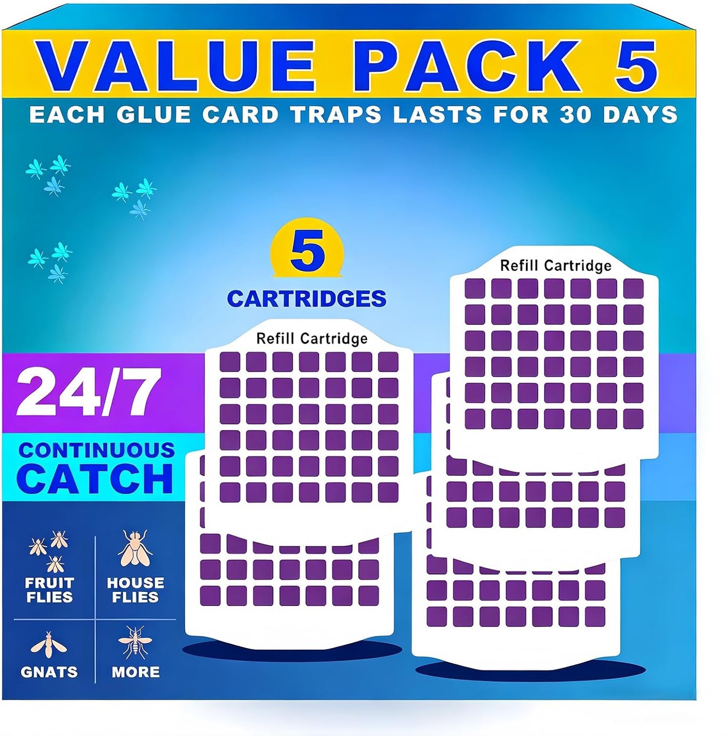 TEVARA Cordless Flying Insect Trap Refills, 5 Cartridges, Original Super Sticky Cards, High Efficiently Stick Fruit Flies, Gnats, Moths and Houseflies (10 Cartridges)