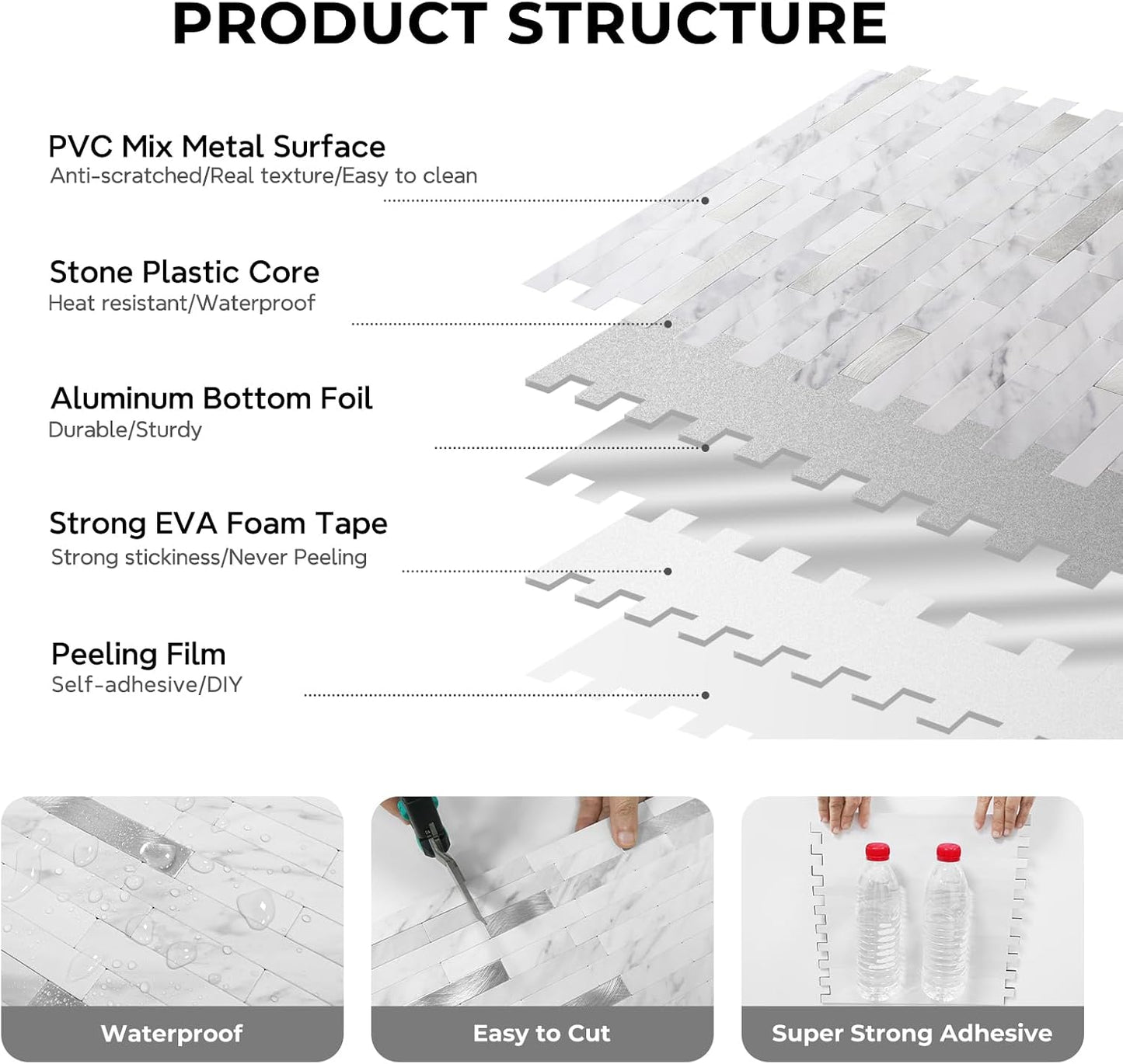 STICKGOO Peel and Stick Backsplash Tile, Stick on Backsplash for Kitchen and Bathroom, Volakas White Look PVC Mixed Metal Silver Self Adhesive Wall Tiles(Sample)