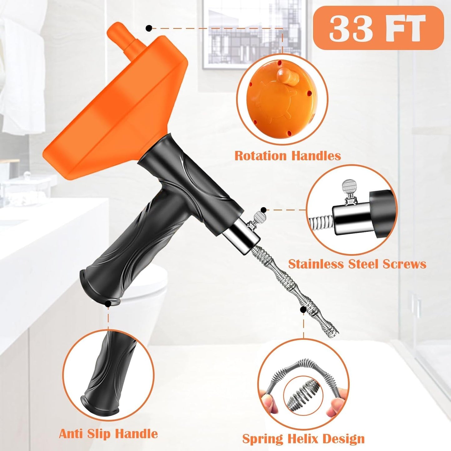 33 FT Drain Snake Auger, Plumbing Snake Drain Hair Clog Removal Tool, Sink Unclogger Drain, Heavy Duty Drum Auger, Cleaner Tool for Bathroom Kitchen Tub Shower Drain Clog Remover with Gloves