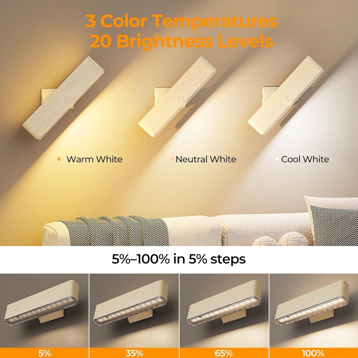 MOITA Magnetic Wireless Battery Operated Wall Sconce, Rechargeable Remote Control & Touch Control Wall Sconces Set of Two, 3-Color Temperatures LED Wall Lights, 360° Rotatable (Walnut, 2-Pack)