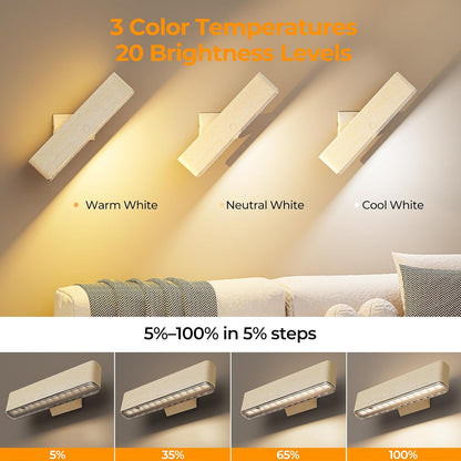 MOITA Magnetic Wireless Battery Operated Wall Sconce, Rechargeable Remote Control & Touch Control Wall Sconces Set of Two, 3-Color Temperatures LED Wall Lights, 360° Rotatable (Walnut, 2-Pack)