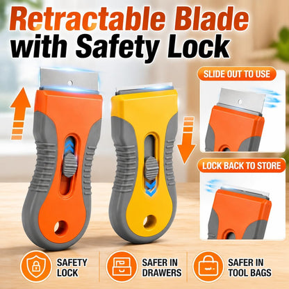 Razor Blade Scraper Set, 2 Safety-Lock Handles + 20 Steel Blades | Steel Blades Retract into Plastic Handles, Removes Stickers, Labels, Paint, Caulk and Residue From Windows, Cooktops and Tile