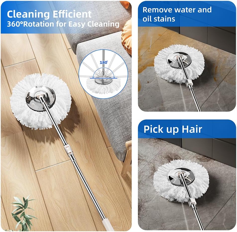 Spin Mop and Bucket with Wringer Set for Home,360° Mop and Bucket with Separate Clean and Dirty Water,Wet Dust Mop for Floor Cleaning with Extra Refills (Silver with 6 Pads)
