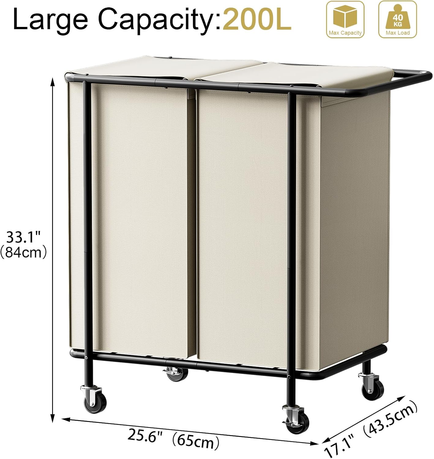 Double Laundry Hamper with Wheels,200L Rolling Laundry Basket 2 Section with Lid,Steel Frame Laundry Cart with Handle and Removable Bags,Dirty Clothes Hamper for Laundry Room,Dorm,Black