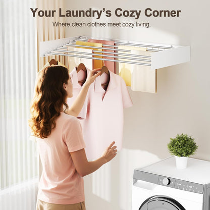 Wall Mounted Clothes Drying Rack Folding Indoor, Foldable Laundry Drying Rack Collapsible,Invisible, Space Saving, Retractable Towel Drying Rack, with Wall Template(5 Drying Rods, White 32")