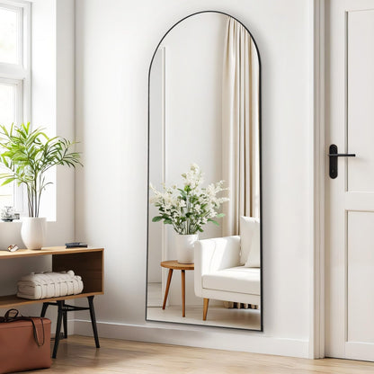Arched Mirror Full Length, Upgraded 16"x59" Body Wall Mirrors with Shatter-Proof Glass, Floor Standing, Hanging or Leaning, Tall Arch Mirror with Stand Aluminum Alloy Frame for Bedroom, Black