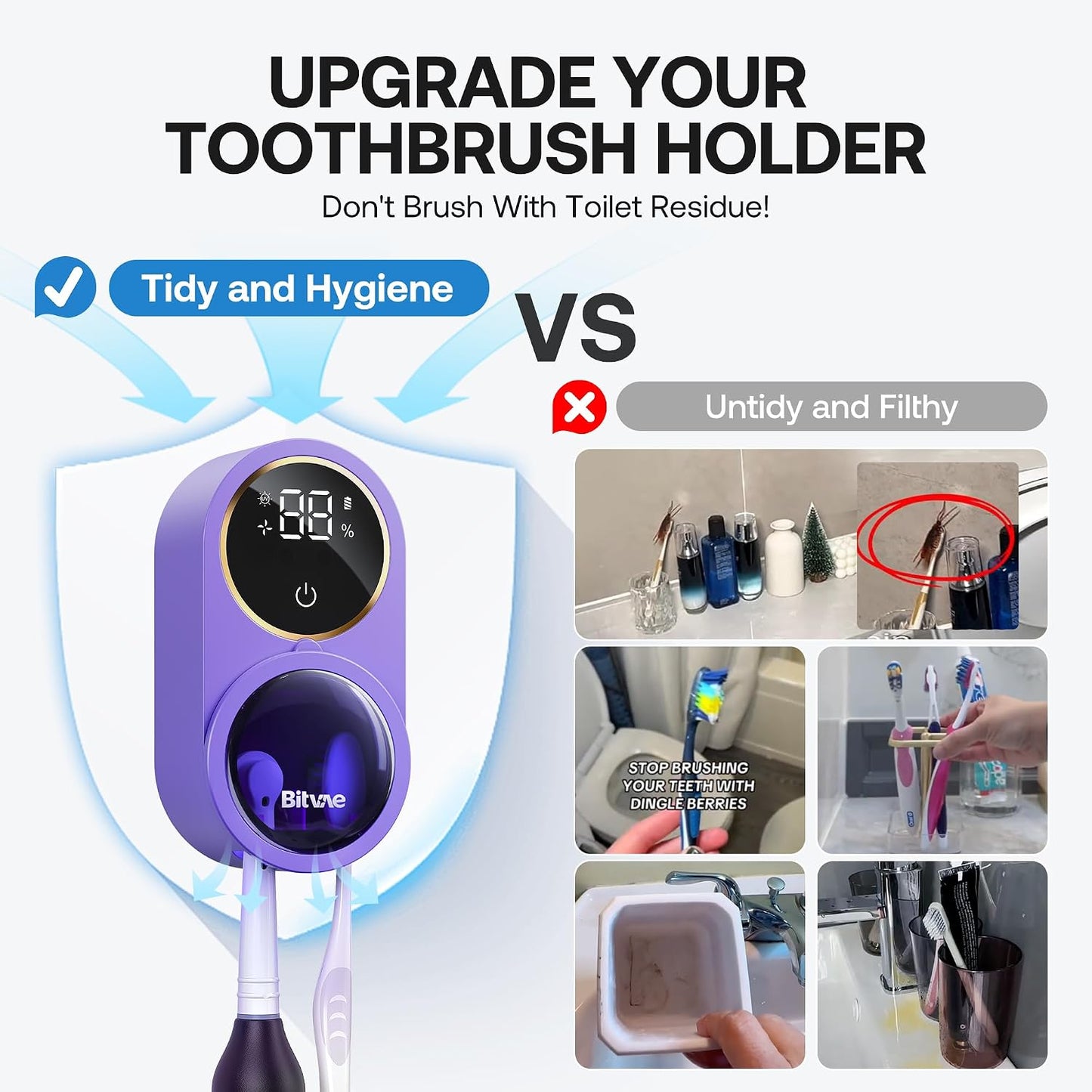 Bitvae Upgraded Tooth Brush Holder for Bathroom 2.0, Infrared Sensing Toothbrush Cleaner, Wall-Mounted for Most Size Toothbrushes, Air Drying, LED Smart Screen, White Gold Trim