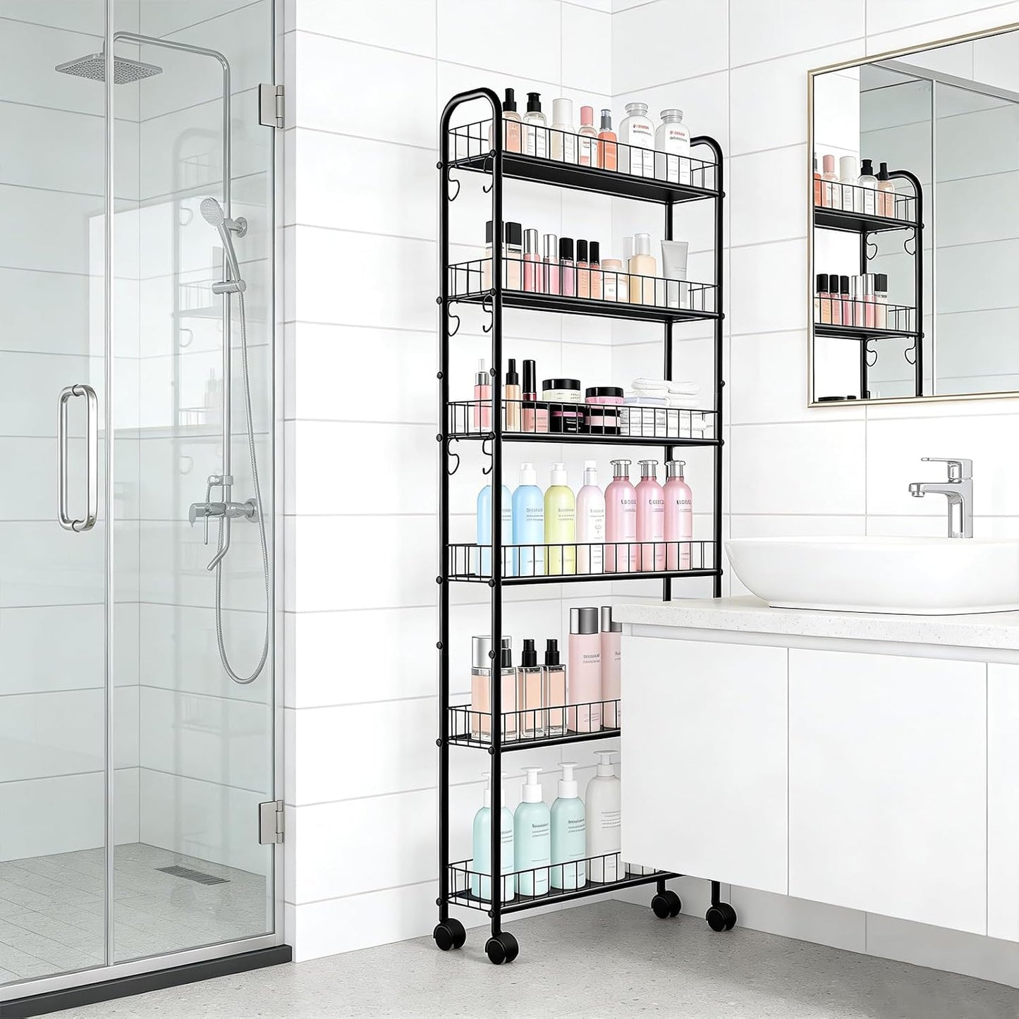 10in 6-Tier Slim Storage Cart with Wheels, Metal 10in Wide Black Narrow Rolling Shelf, Sturdy Slim Storage with Hooks Ideal for Kitchen, Bathroom, and Laundry Room