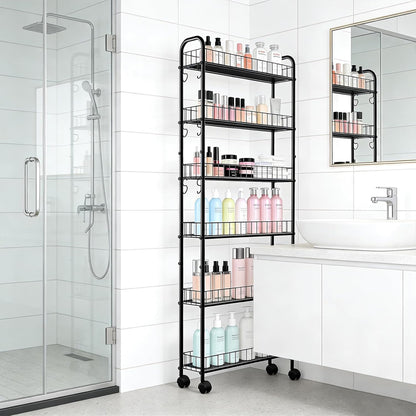 10in 6-Tier Slim Storage Cart with Wheels, Metal 10in Wide Black Narrow Rolling Shelf, Sturdy Slim Storage with Hooks Ideal for Kitchen, Bathroom, and Laundry Room