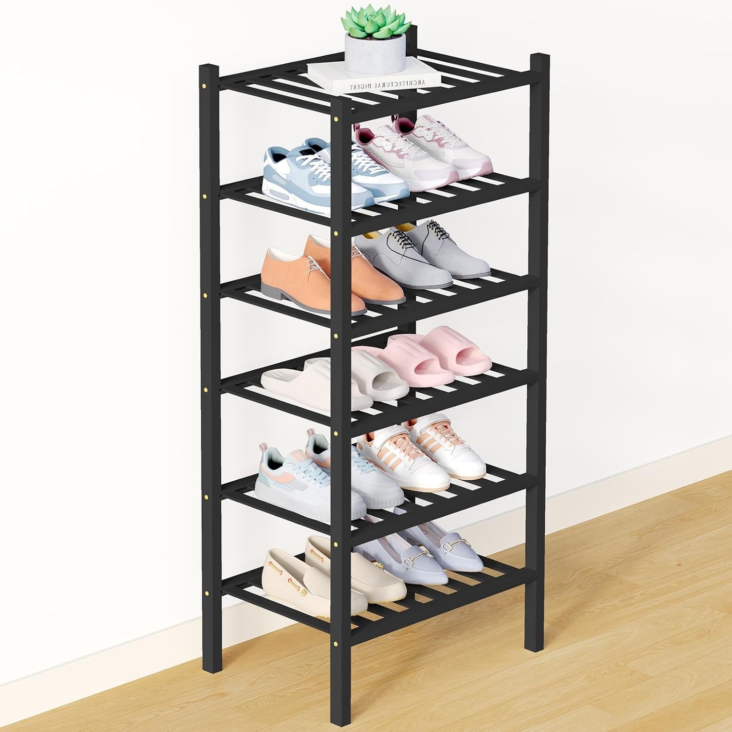 Smiry Bamboo Shoe Rack for Closet, 3 Tier Wooden Shoe Organizer, Stackable Wood Shoe Storage Shelf for Entryway, 14 Vertical Slats, One-piece Heavy-Duty Legs, 26.77"x11.02"x18.31", Natural