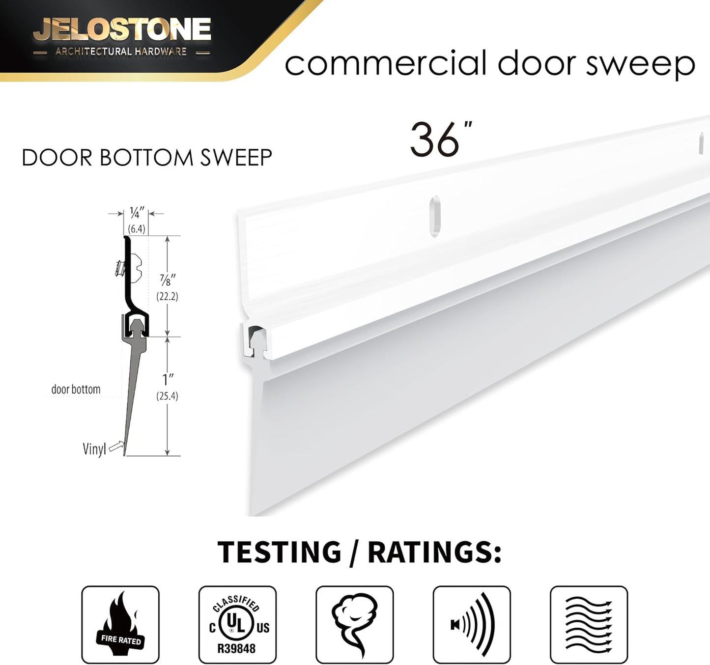2 Pack - 48'' Commercial Door Bottom Sweep (White Powder Coated), Heavy Duty Aluminum, Fire Rated, Vinyl Insert, JS-NV307, Ideal for Residential & Commercial Use