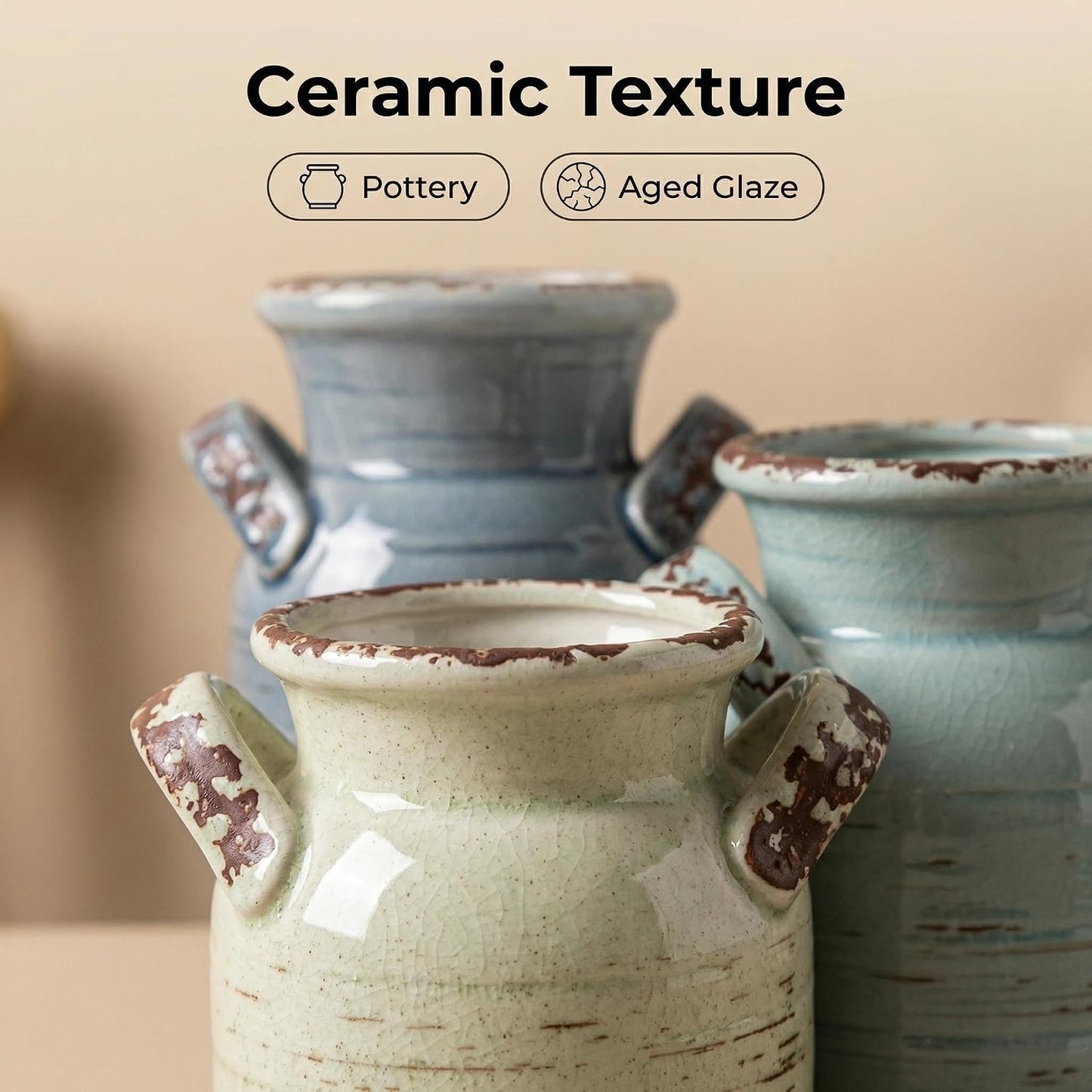 Ceramic Vase Set of 3 with Handles, Green White Neutral Rustic Modern Farmhouse Boho Decor, Versatile as Table Centerpiece or Mantel & Shelf Accent - Unique Home Gift Idea