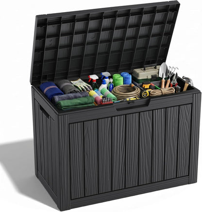 ROJIK 55Gal Outdoor Storage Box Waterproof Deck Box | Heavy-duty UV-resistant resin, space-saving for balcony/patio, stores cushions/tools/pool gear, lockable lid as table/bench