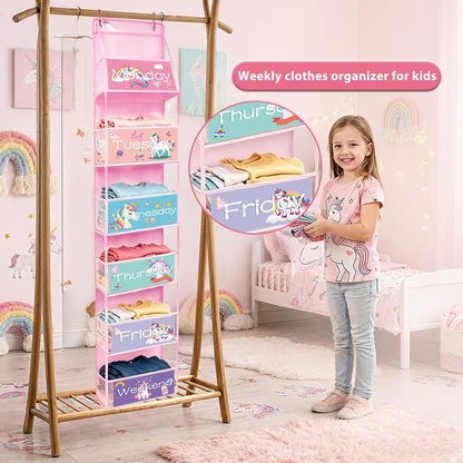 2 Pack Weekly Clothes Organizer for Kids, 6 Shelf Hanging Closet Organizer with Clear Window, Foldable Days of the Week Over the Door Outfit Organizer with Labels for Closet School