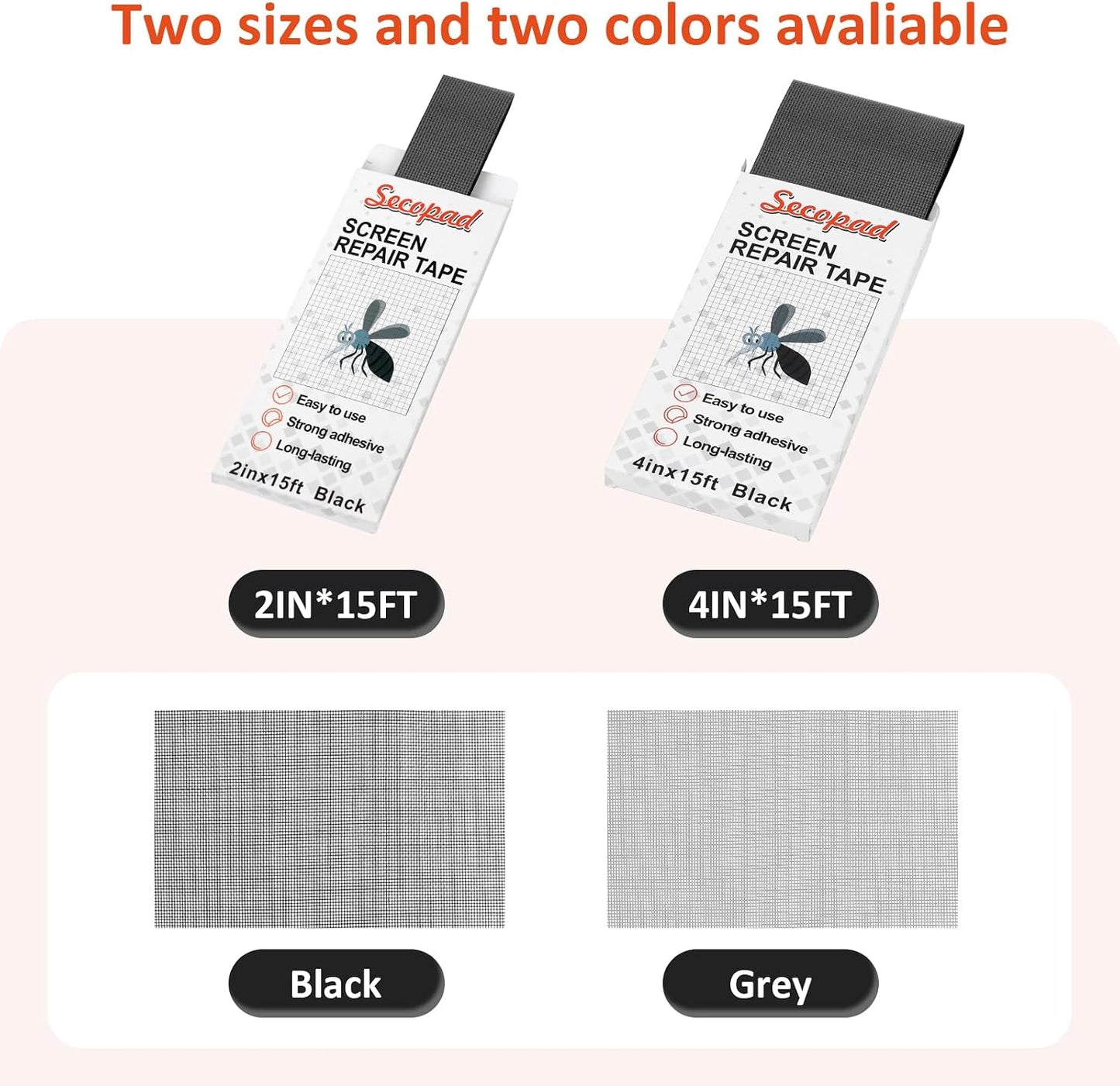 Secopad 14 Sheets 3 Size Window Screen Patches and 2 in X 15 FT Window Screen Repair Tape, Black