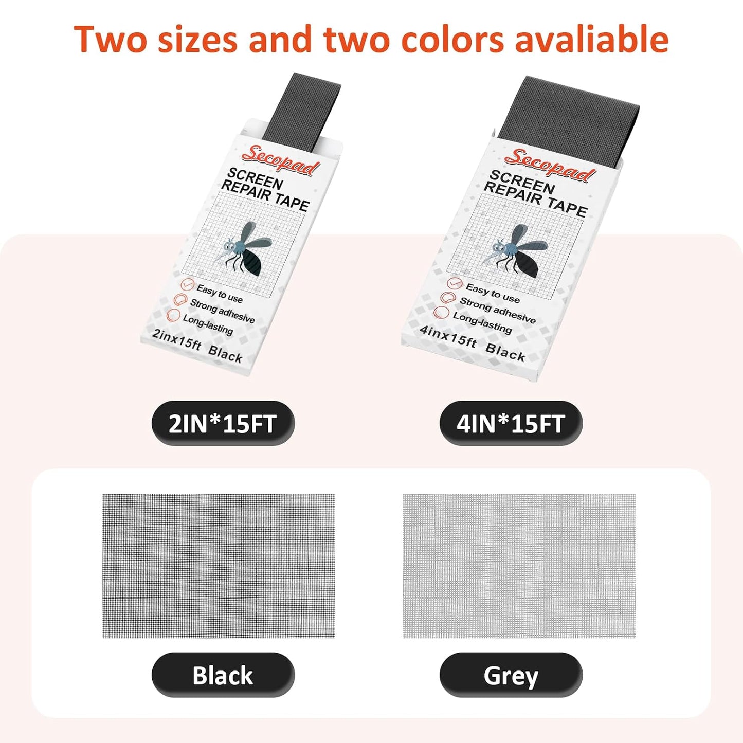 Secopad Grey Screen Repair Tape, 2" X 180" (15FT) Window Screen Door Repair Kit, Strong Adhesive Fiberglass Patch Tape Mesh