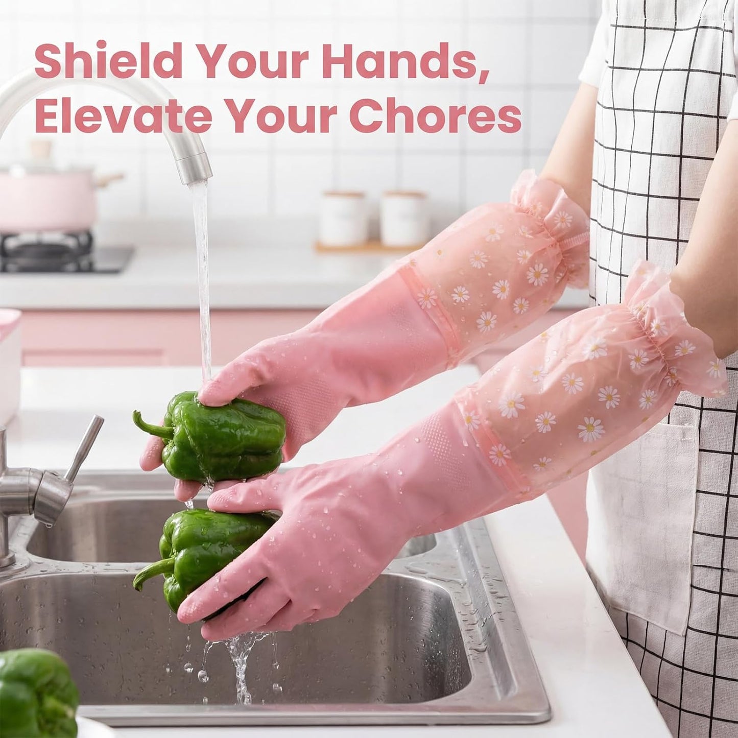 Pink Reusable Dishwashing Gloves, Dishwashing Cleaning Gloves, Waterproof Long Cuff Non-Slip Household Gloves for Laundry, Cleaning, Working, Gardening