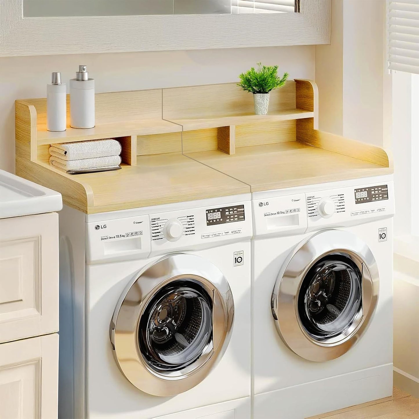 54" 2 Tier Washer Dryer Countertop with Storage Shelf, Waterproof MDF Laundry Room Organizer, Folding Station, Mechanically Joined Two-Panel Countertop (Walnut Brown)