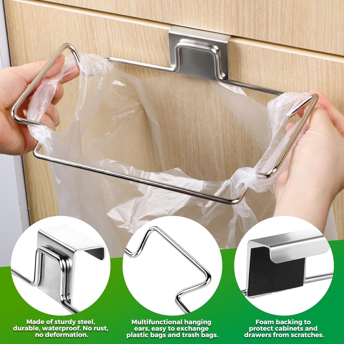 Trash Bag Holder,2 Pack | for Cabinet Door and Cupboards,Stainless Steel,Black,Plastic Bag Holder under Sink,Use for Kitchen,Bathroom,Camper