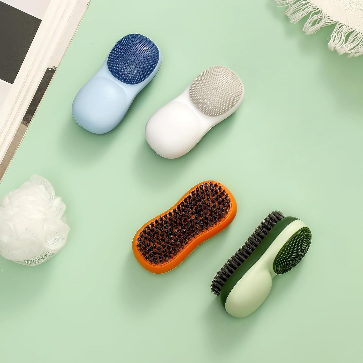 Two-Sided Laundry Stain Remover Brush, Green | Soft Silicone Bristle Side for Delicate Fabrics Knits, Hard Bristle Side for Tough Stain, Easy to Grip, Hand Washing Clothes