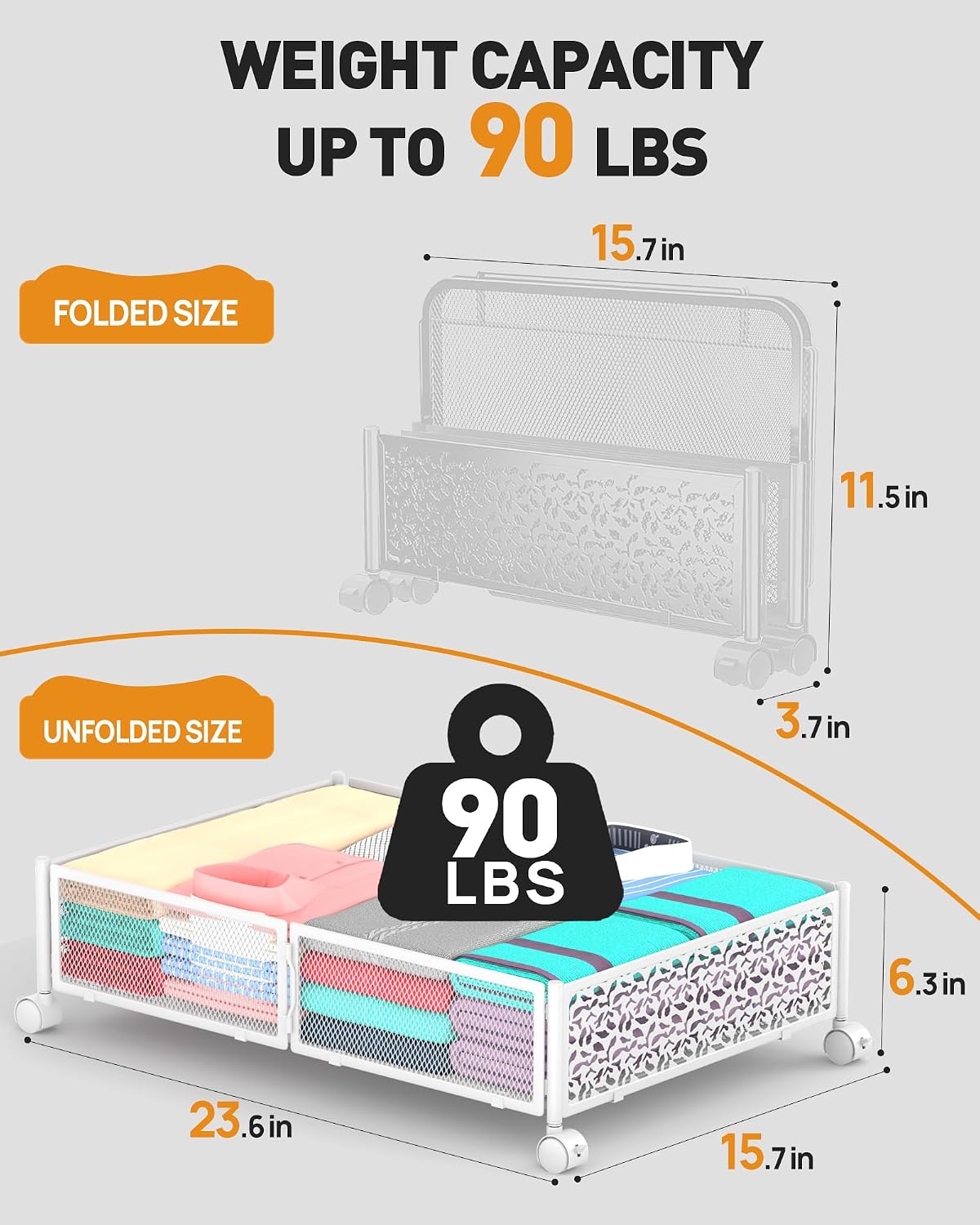 Under Bed Storage With Wheels, 2 Pack Foldable Pattern Carved Metal Under Bed Storage Containers, 60L Rolling Underbed Storage, Easy Assembly Under The Bed Storage for Shoes, Clothes, Blankets...